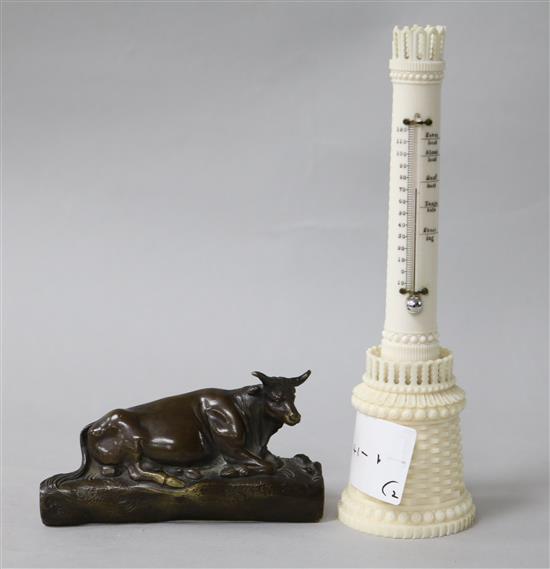 19th century Dieppe ivory thermometer and small bronze cow 16 & 9cm.